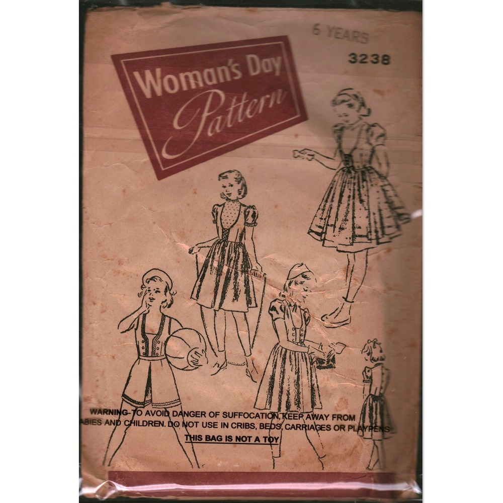 Vintage Woman's Day Pattern 3238 Girls Dress Jumper Sz 6 Years Mid-Century Retro